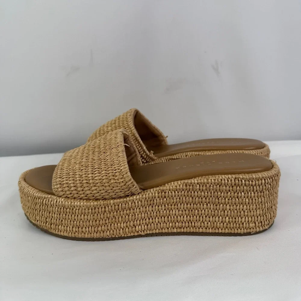 Marc Fisher LTD Daylin Woven Raffia Platform Slide Sandals Tan Womens 9.5 M
